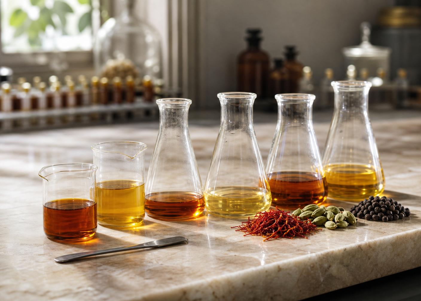 Flavour lab with saffron extract, glass beakers and dropper bottles